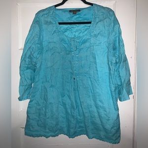 Tommy Bahama blue boho‎ style linen blouse with tassels size large